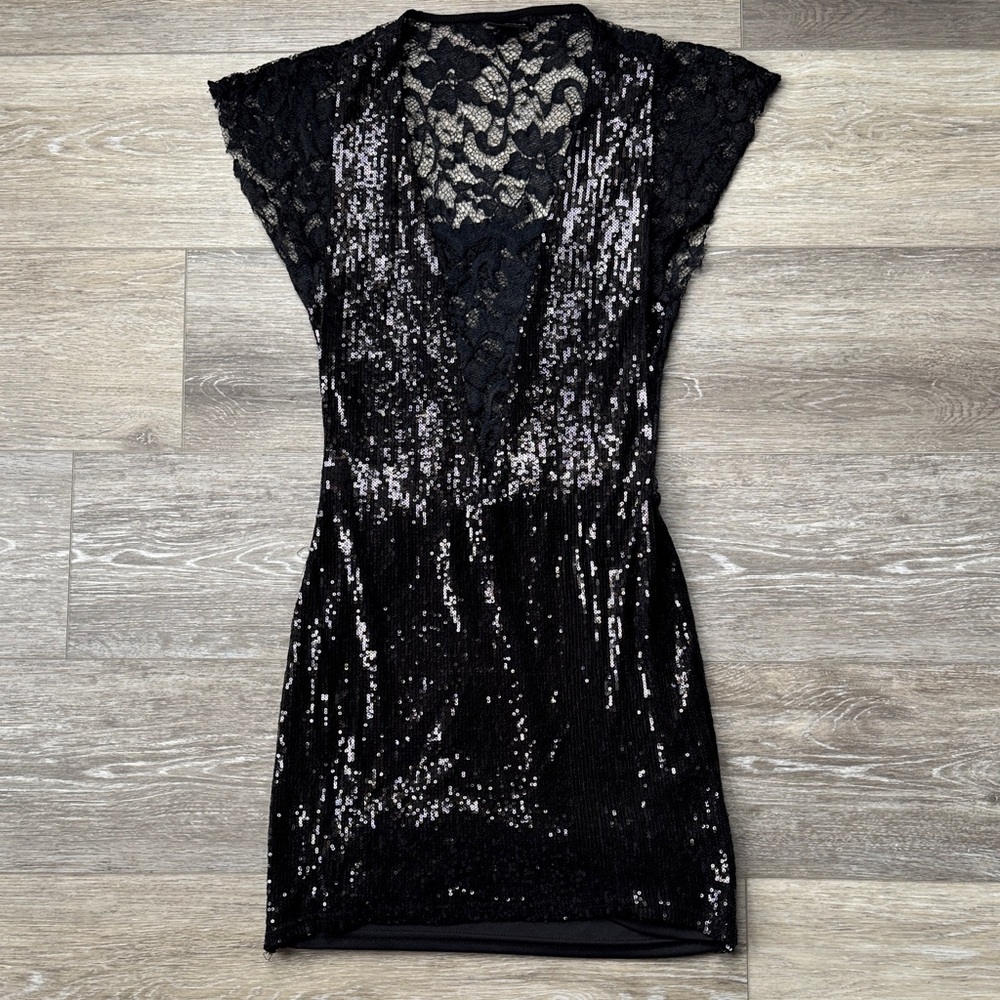 Frederick's of Hollywood Black Sequin Lace Mini Dress NWOT